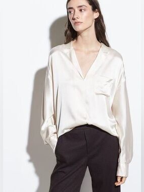 NWT $345 Vince Long Sleeve Silk Pajama Popover Blouse in Chiffon White Sz S